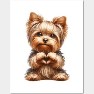 Valentine Yorkshire Terrier Dog Giving Heart Hand Sign Posters and Art